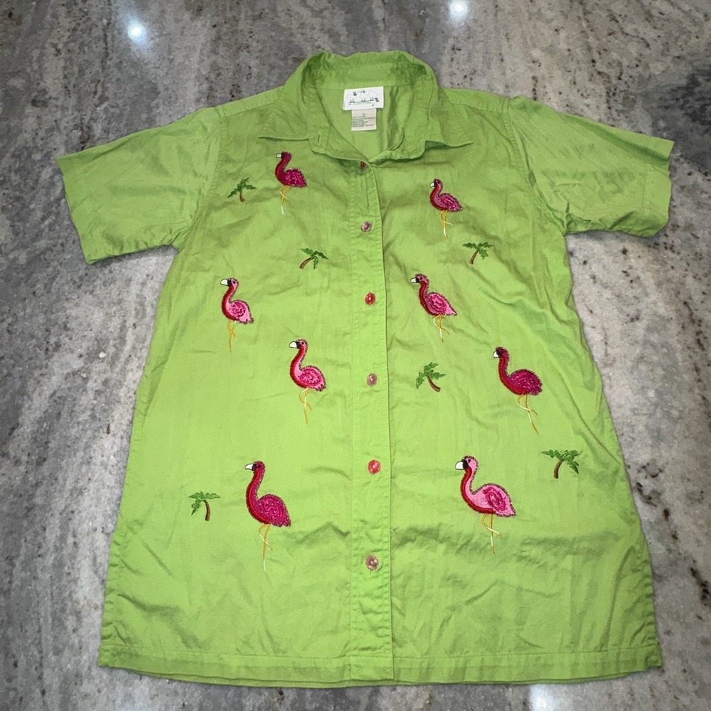 The Quicker Factory Large‎ Green Pink Flamingo Embroidered Beaded Shirt Funky